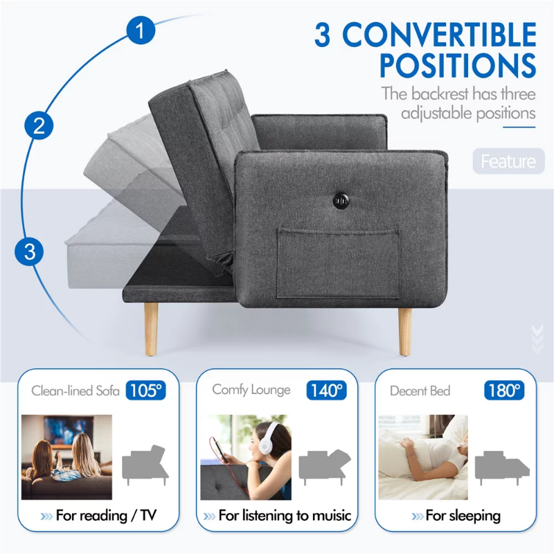 Convertible Memory Foam Sofa with USB ports